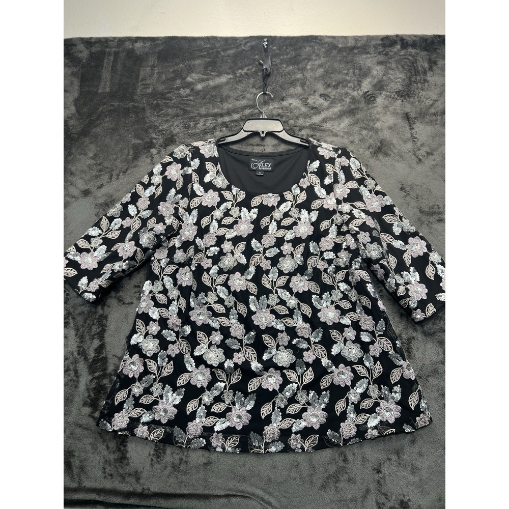 Alex‎ Evenings 1X Black Mesh Floral Sequin Formal Party Blouse Plus Size
